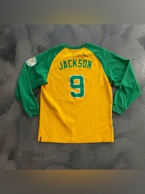 Reggie Jackson Signed Oakland Athletics Sweatshirt Jersey Mitchell and Ness Sz L